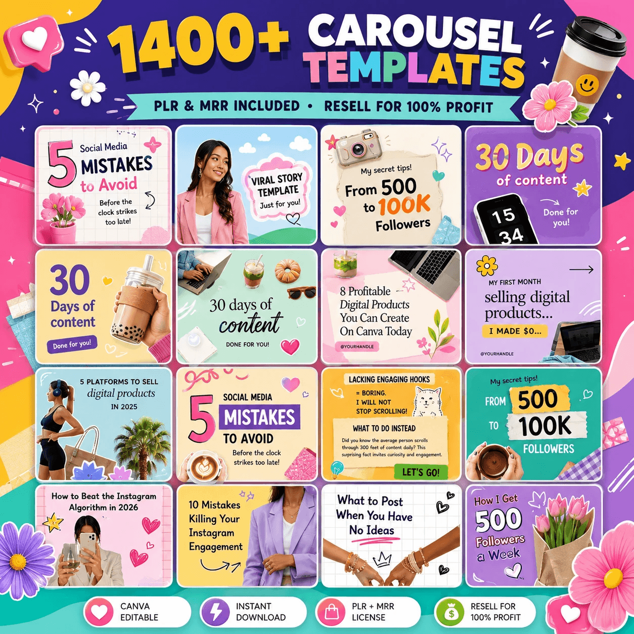 1400+ Carousel Templates | Instagram Canva Bundle With Resell Rights