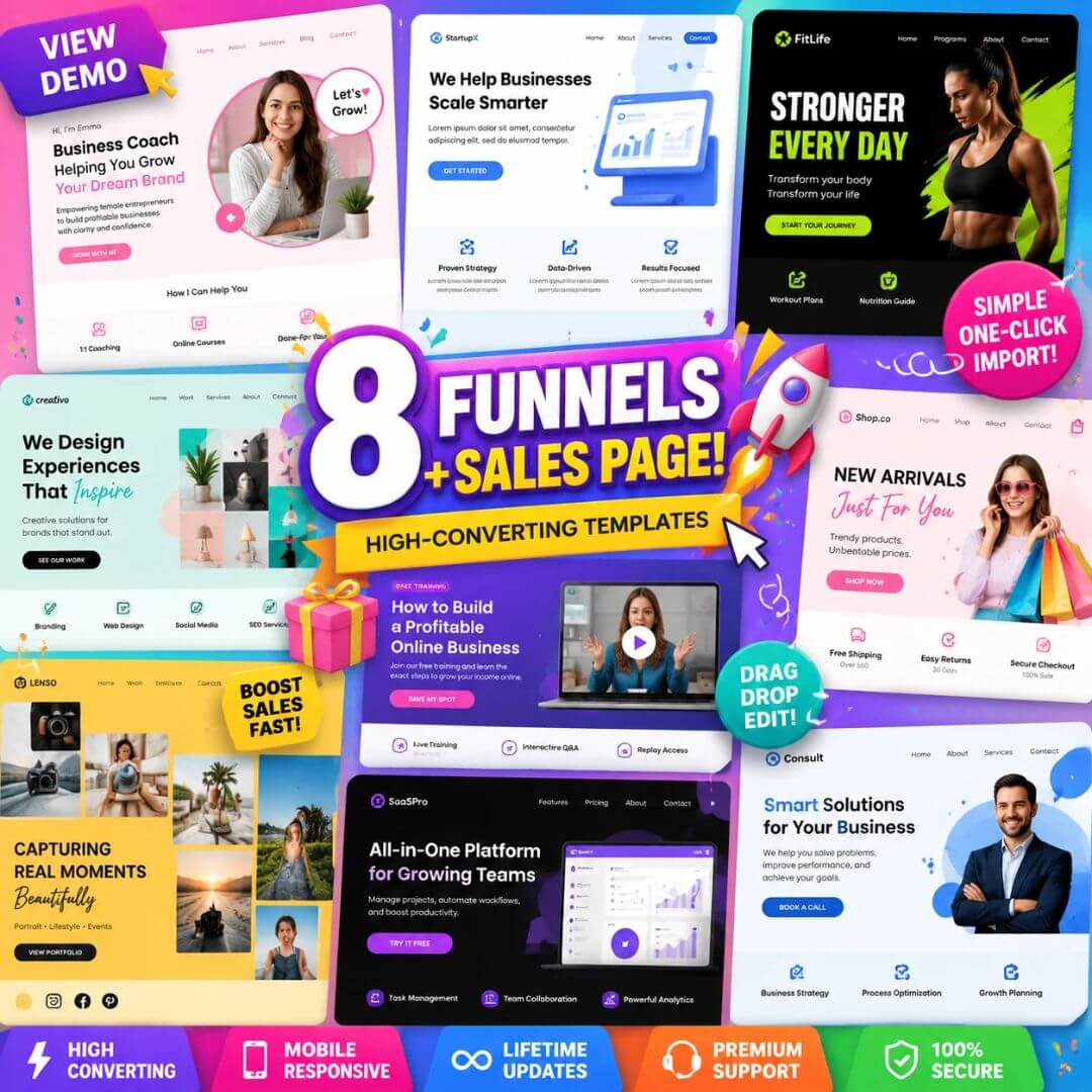 8 Premium One-Click Import Readymade Websites/Funnels