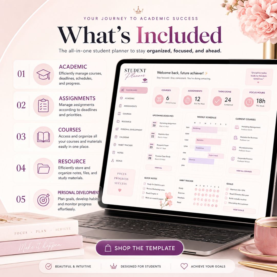 Pink Student Notion Planner | Aesthetic Academic Dashboard | Study Organizer