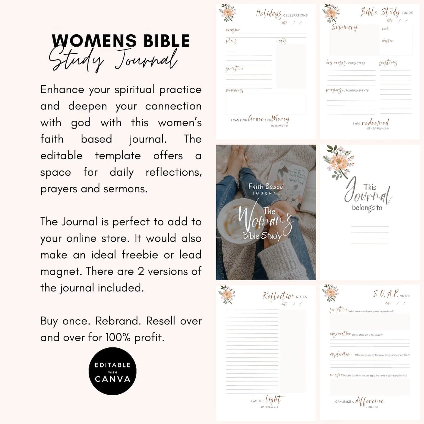 🌸 Editable Women's Faith-Based Journal | Devotional Journal & Bible Study Guide | WITH RESELL RIGHTS