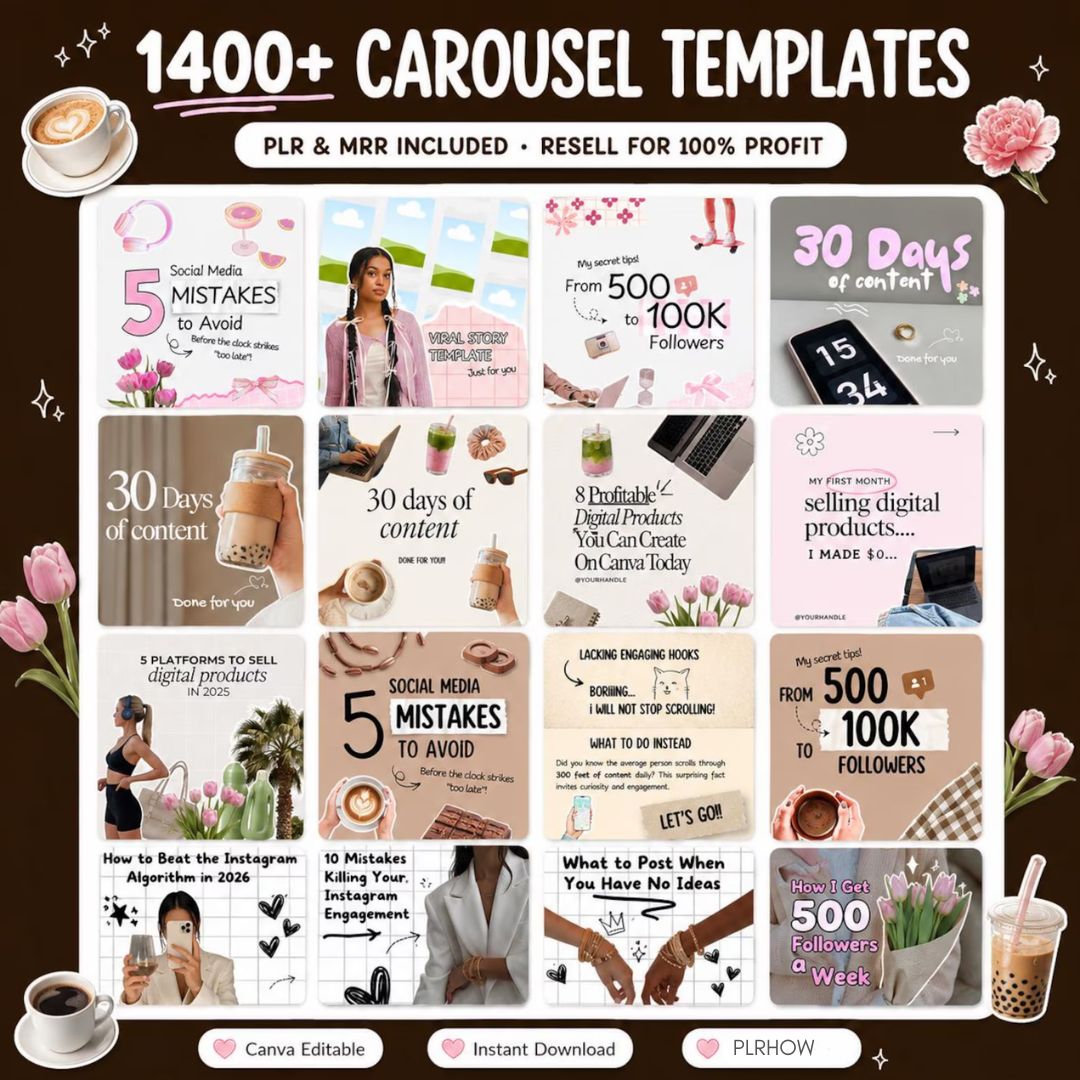 1400+ Carousel Templates | Instagram Canva Bundle | PLR MRR