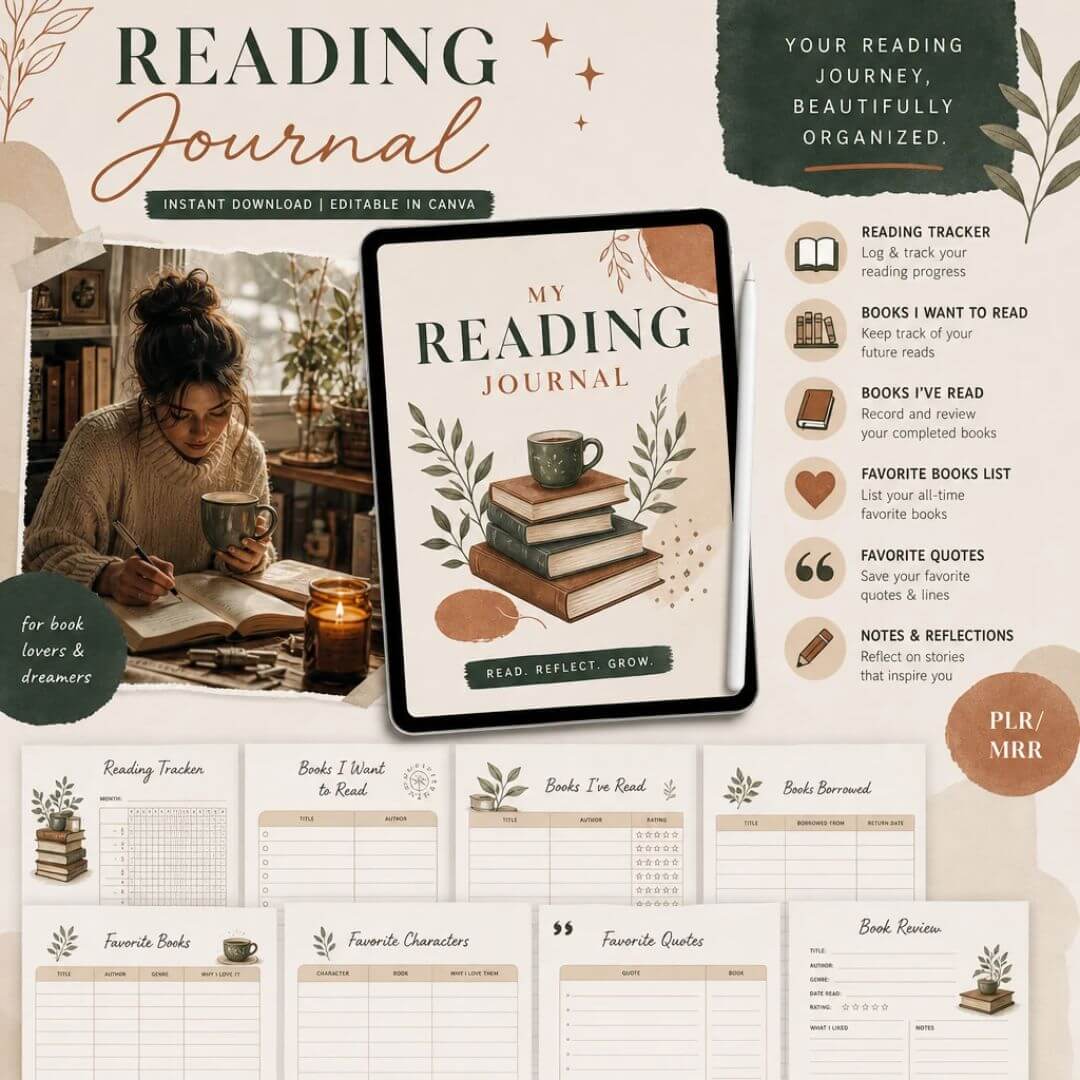 Reading Journal with PLR  & MRR Rights (Printable & Editable Formats)
