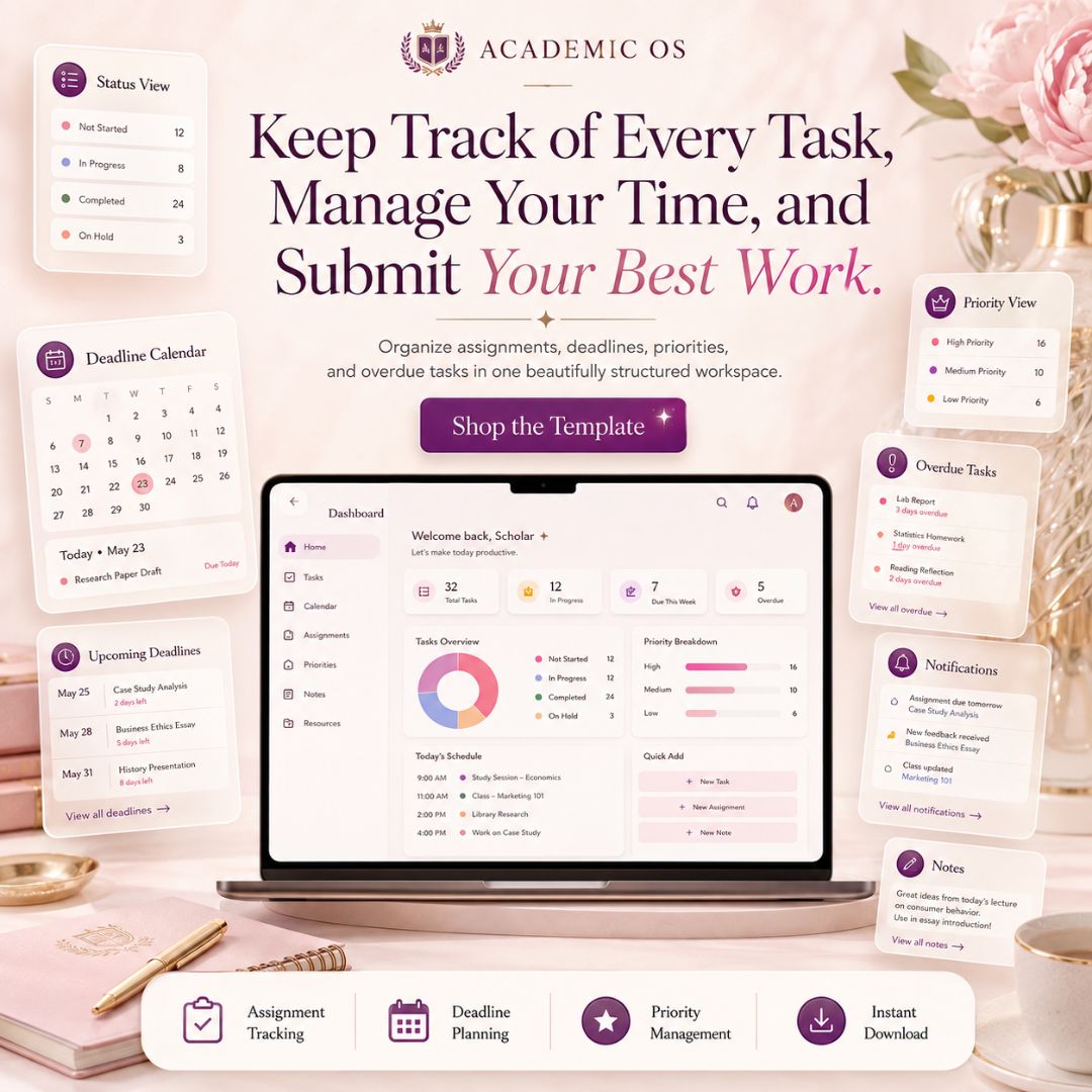 Pink Student Notion Planner | Aesthetic Academic Dashboard | Study Organizer
