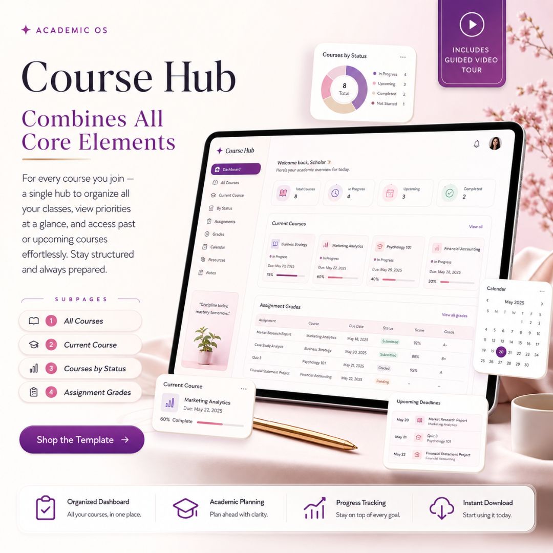 Pink Student Notion Planner | Aesthetic Academic Dashboard | Study Organizer