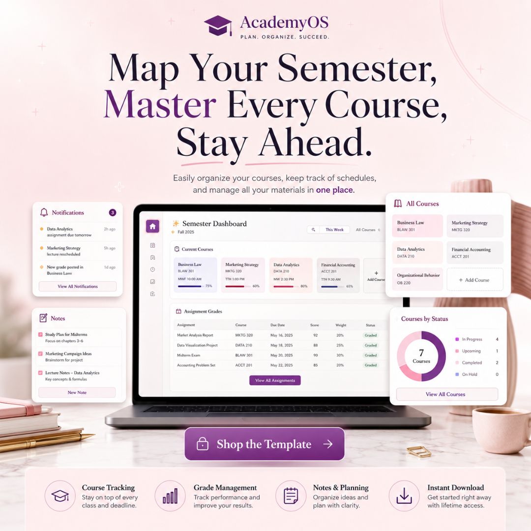 Pink Student Notion Planner | Aesthetic Academic Dashboard | Study Organizer