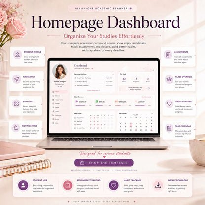 Pink Student Notion Planner | Aesthetic Academic Dashboard | Study Organizer