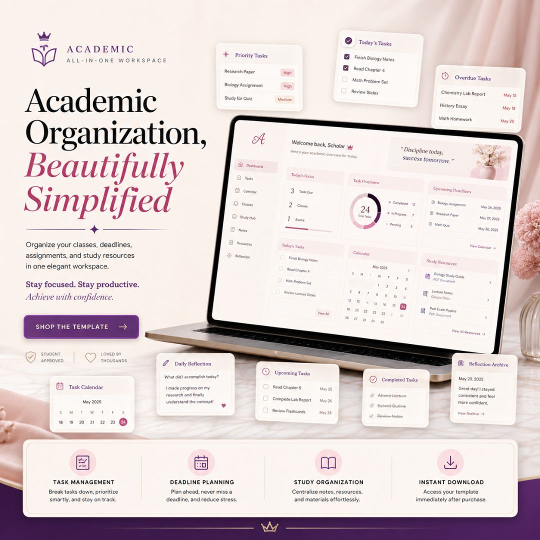 Pink Student Notion Planner | Aesthetic Academic Dashboard | Study Organizer