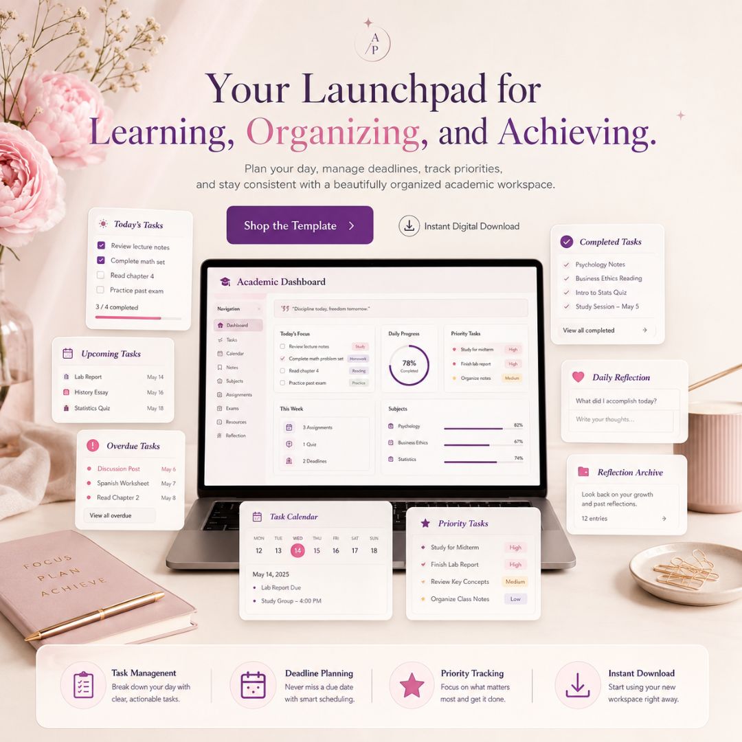 Pink Student Notion Planner | Aesthetic Academic Dashboard | Study Organizer